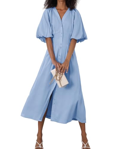 Image of chouyatou Women Summer Puff Sleeve Button Down Shirt Dress Flowy Elegant Business Casual Midi Long Dress
