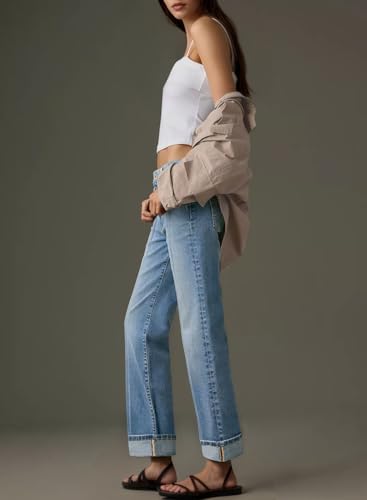 Sidefeel Women's Wide Leg Cuffed Jeans High Waisted Baggy Stretchy Denim Pants with Pockets3