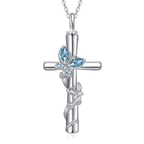 Butterfly Cross Urn Necklaces for Ashes Women White Gold Plated S925 Sterling Silver Funnel Filler Memorial Cremation Jewelry with Birthstone Sympathy Gifts for Women Loss of Loved One