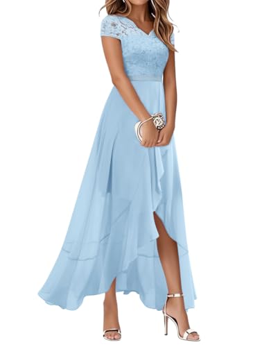 Minetom Femme Robe De Soirée en Dentelle Cocktail Longue Asymétrique pour Mariage Invité Bal De Promo Anniversaire Cérémonie en Mousseline De Soie A Bleu...