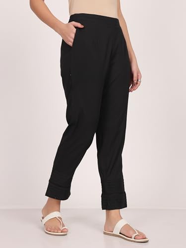 Image of SAVI Black Cotton Pintuck Detailed Pant