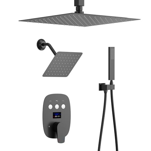 Sistema de Ducha Doble Matte Black con Cabezal de 12" y 8" | Grifería de Ducha con Visualizador de Temperatura y Combo de Ducha Manual, 3 Funciones miniatura 1