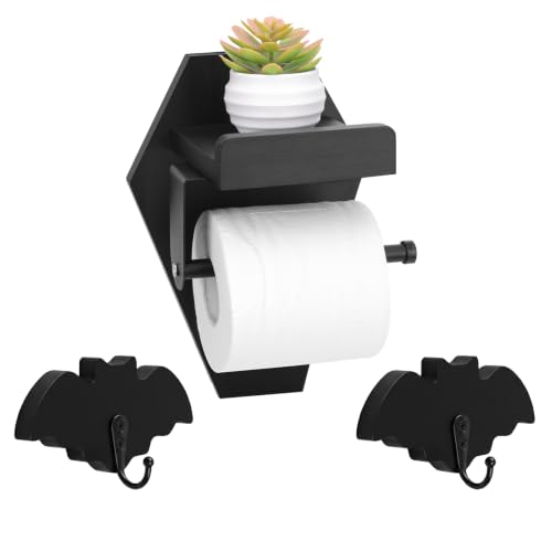 Coffin Toilet Paper Holder with Shelf & 2 Bat Wall Hooks - Wooden Goth Bathroom Decor...