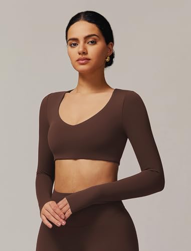 Image of ABOCIW Women Square Neck Long Sleeve Workout Crop Top Low Medium Impact Athletic Yoga Gym Shirts with Built in Bra(ONLY TOP)