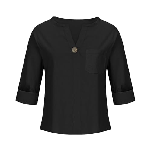 Women's Linen Shirt Button Down V Neck Trendy Solid Blouse 3/4 Sleeves Casual Loose Fit Tunic Tops Summer T Shirts