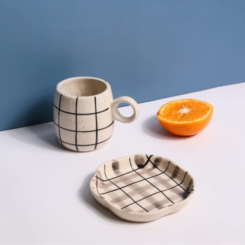 Image of WEAVING HOMES Handcrafted Ceramic Chequred Cuddle Mug & Checks Dessert (Set of 2) Coffee Mugs, Ceramic Mugs, Tea Mugs, Plates, Ceramic Plates, Dessert Plates, Mug & Plate Set