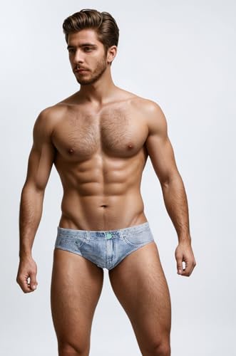 Men's Swim Briefs 3D Denim Print Quick-Dry Swimwear Drawstring Low-Rise Beach Shorts for Pool Surfing2