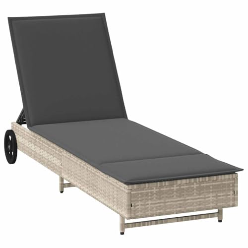 vidaXL Sonnenliege mit Rollen und Auflage Hellgrau Poly Rattan,...