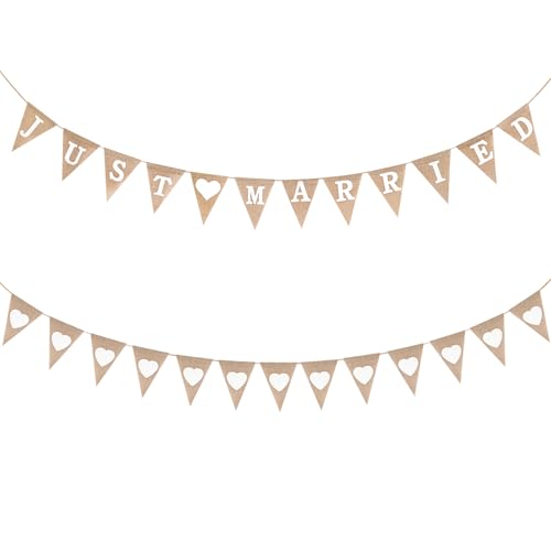 Werownsgso Just Married Guirlande de fanions vintage en toile de jute pour réception de mariage, anniversaire, extérieur, fête et autres fêtes