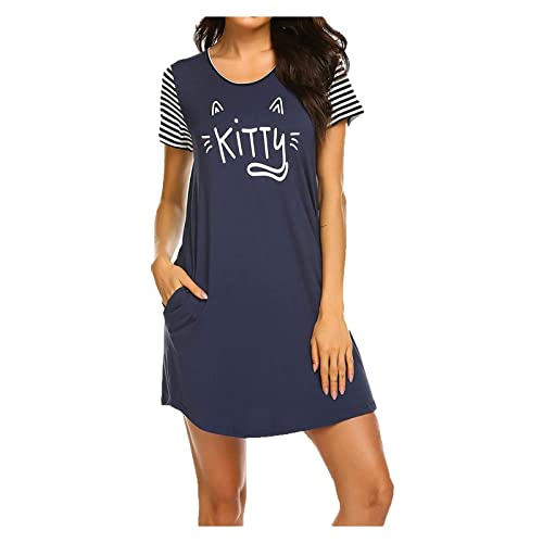 Tzuyecia Women's Nightgown, Cotton Novelty Sleepshirts Round Neck Short Sleeve Sleep Shirt Loose Comfy Pajama Sleepwear X-Large((Dark Blue) #TOP22