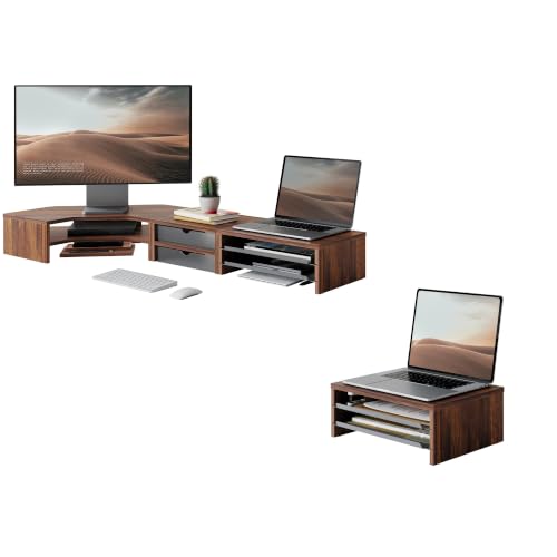 Image of Fenge 42.5Inch Corner Monitor Stand with Drawer, 3-Tier Monitor Riser with Slide-Out Tray