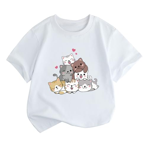 Image of KEEVICI Cute Cartoon Cat Shirts for Girls Kids Graphic Tees Kawaii Animal Pattern T Shirt Cotton Crewneck Summer Loose Tops