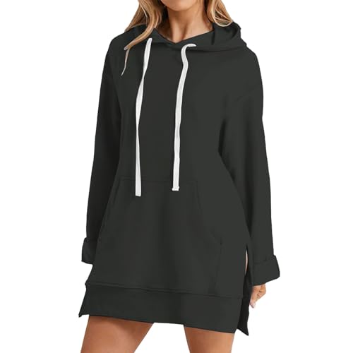 Hoodie Damen Oversize Pullover teilte Seite Sweatshirt mit Kapuze und Taschen Einfarbig Basic Hoodie Casual Langarm Kaputzenpulli Langrmshirt Große Größen Damen weatshirt, gris oscuro, S