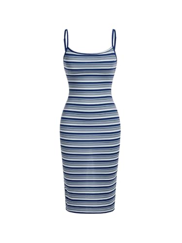 Milumia Vestido midi listrado com alças finas e nervuras, colado ao corpo, Azul, P