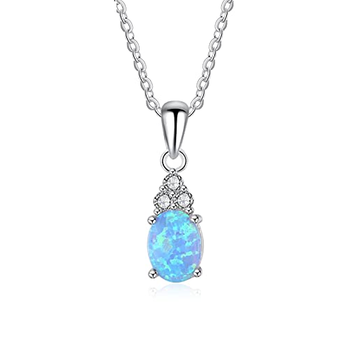 Collier en argent Sterling 925 avec opale bleue ovale et oxydes de zirconium haute brillance