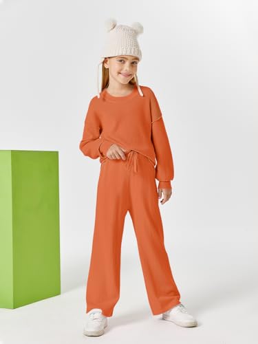 Image of Haloumoning Girls 2 Piece Outfits Kids Long Sleeve Crewneck Sweater Drawstring Wide Leg Long Pants Sweatsuits Sets 5-14T