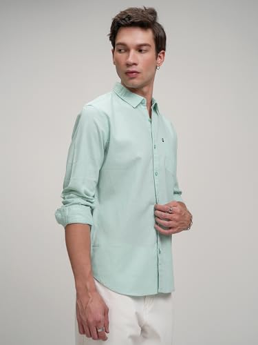 Image of Highlander Men's Blue Solid Slim Fit Casual Shirt | Sleek & Versatile | A Timeless Wardrobe Essential