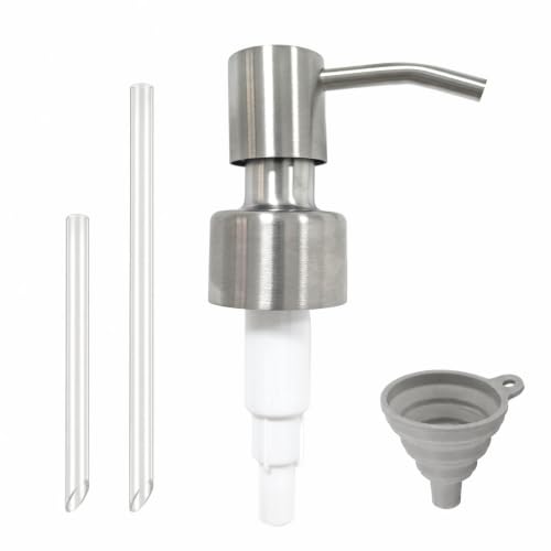 Soap Dispenser Pump Replacement 28/400 1 Pack Silver 304 Stainless Steel Pump Head for Bathroom Soap & Lotion Bottles Rust-Resistant with 2 Trim-to-Fit Tubes and Foldable Funnel