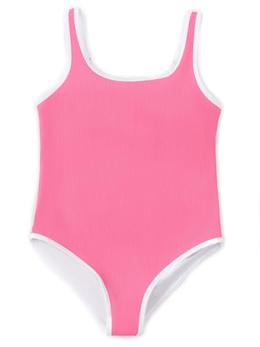 Haloumoning Girls One Piece Swimsuits Kids Cute Adjustable Strap Ribbed Bathing Suit Swimwear 5-14 Years