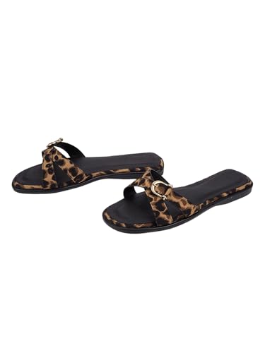 OYOANGLE Women's Leopard Print Flat Sandals Criss Cross Band Retro Casual Slides Brown and Black 8