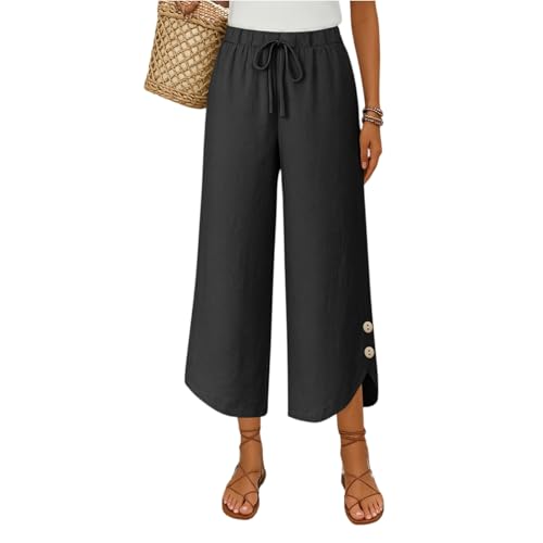 Cropped Linen Pants Women Cute Summer Comfy Loose Drawstring Elastic High Waisted Wide Leg Lounge Pants with Pockets