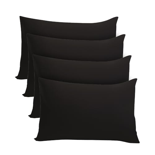 ANSIO Pillow Cases 4 Pack Standard Size 50 x 75cm 100% Brushed Microfibre OEKO-TEX Certified Envelope Closure Fade & Stain Resistant Pillows Not Included - Black