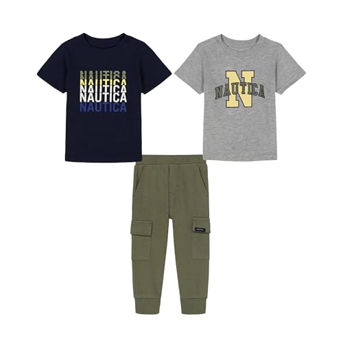 Listado de Ropa de Náutica para Niño Top 10. 35 Nautica - Juego de pantalones de dos camisetas de 3 piezas, Heather Mist/Navy Blazer/Deep Liquhen Green, 3 Años
