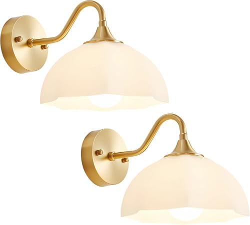 Image of Gold Wall Sconce Set of 2 Mid Century Modern Wall Mount Light Hardwired Sconces Wall Lighting with Milky White Glass Shade Indoor Bedside Sconces Wall Lamp for Living Room Hallway MWL02-2A