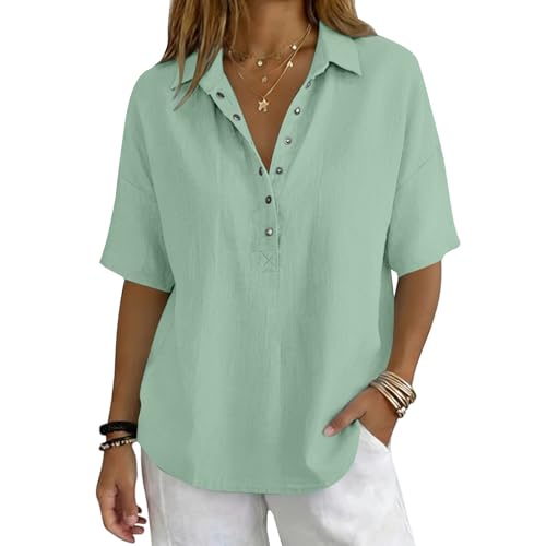 Linen Shirts for Women V Neck Half Sleeve Button Down Blouses 2026 Summer Loose Comfy Gauze Shirts Business Office Work Dressy Casual Vacation Clothes Light Green