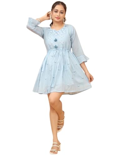 Robe midi en coton mélangé broderie florale KESUDI élégante à col rond pour femme