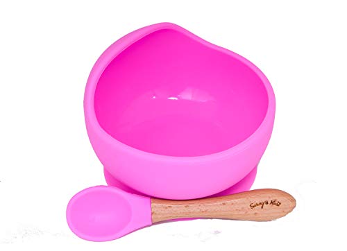 Baby Toddler Infant Stay Put Suction Bowls  Food Grade Silicone Bowl  Soft Tip Spoon Set  BPA Free Feeding Sets by Saray’s Nest Pink