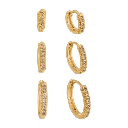 Trio de Brincos Argolas Banhadas Ouro Grossas Cravejadas de Zircônia Bella Bijoux Deluxe