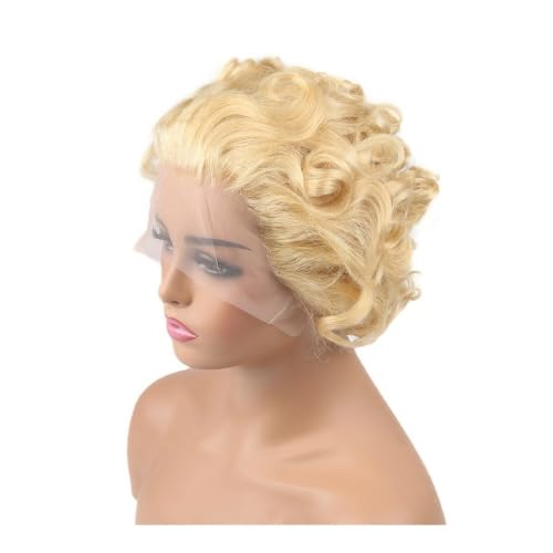 Perruque bouclée ondulée blonde 613 coupe lutin cheveux humains 13X1