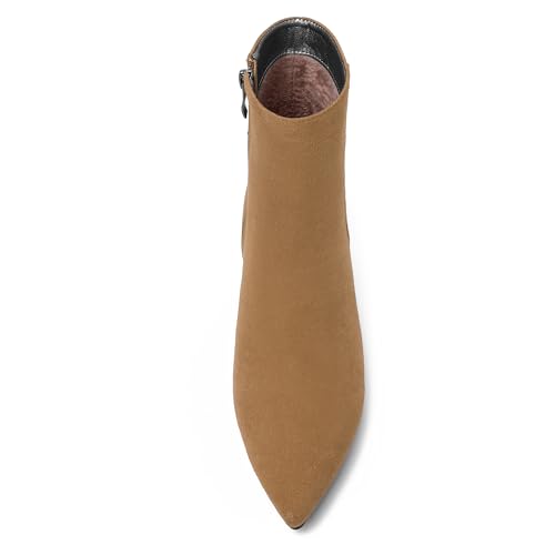 ROSERWISH Womens Dress Wedding Fluff Zip Pointed Toe Suede Bow Kitten Low Heel Ankle High Boots 2 Inch3