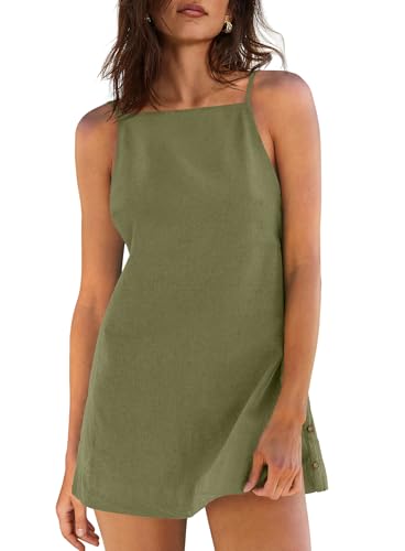 Yanekop Womens Linen Mini Dress Spaghetti Strap Short Beach Summer Dresses Sleeveless Sundress Open Back Dress
