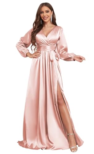 Long Sleeve Bridesmaid Dresses for Women 2025 V Neck Satin Formal Evening Gown with Slit