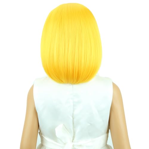 Image of Kids Yellow Wig Girls Yellow Bob Short Straight Wig Middle Part for Kids Children Synthetic Halloween Cosplay Costume Party Wigs with Wig Cap