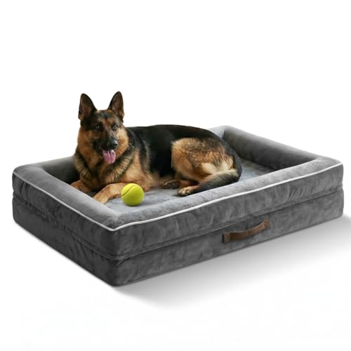 Upvilla Orthopädisches Hundebett XXL, Hundekorb Waschbar mit Eierförmiger Kistenschaum，Wasserdicht Hundesofa mit rutschfeste Unterseite und Vierseitiges Kissen (Gray, 137x91x19cm)