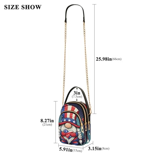 Women Shoulder Handbag Cute Print Phone Handbag Small Chain Purse Quilted Zipper Lady Bowler Satchel Cute Gnome American Flag3