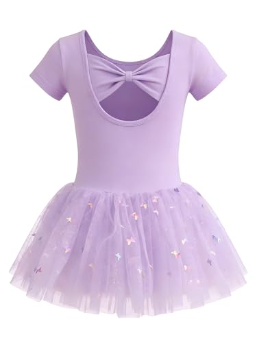 Image of Mecceos Ballet Leotards for Girls - Toddler Short Sleeve Back Bow Cutout Star Tutu Dance Dress