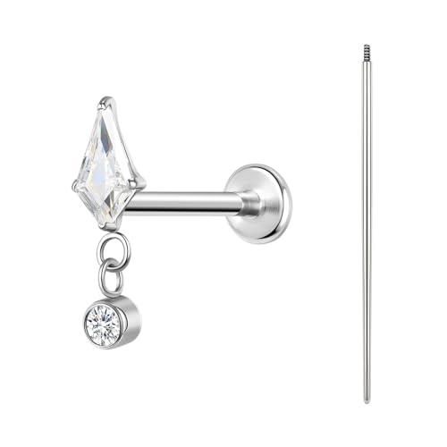 BodyAce F136 Titanium Body Piercing Studs, 16G Flat Back Cartilage Earring Studs with Piercing Taper, Internally Threaded Labret Lip Ring Conch Tragus Stud [Diamond Hanging Round Zircon]