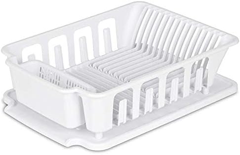 Extra Large Heavy Duty Sturdy Hard Plastic Sink Set with Dish Rack with Attached Drainboard Cup Holders for Home Kitchen Counter Top Organizer - White ...