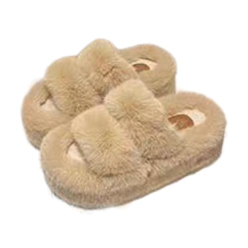 Women's Korean Style Winter Fuzzy Slippers - Thick Sole with Double Straps, White/Black/Khaki, Cozy Indoor/Outdoor Slippers