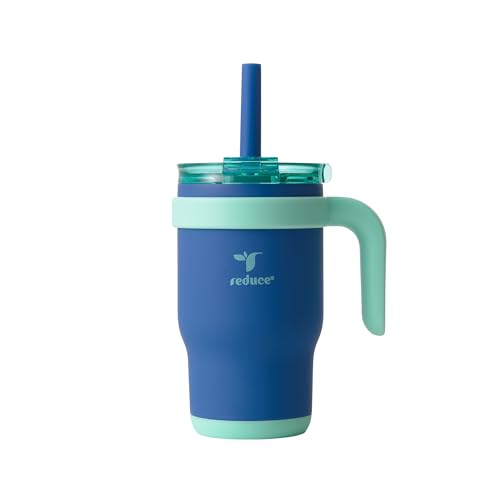 REDUCE 14 Oz Coldee Kids Tumbler with Lid and Straw - Coldee Insulated Travel Mug - Spill-Proof, Sweatproof Stainless Steel, BPA-Free - Includes Handle, Reusable Silicone Straw - Nautical Mist