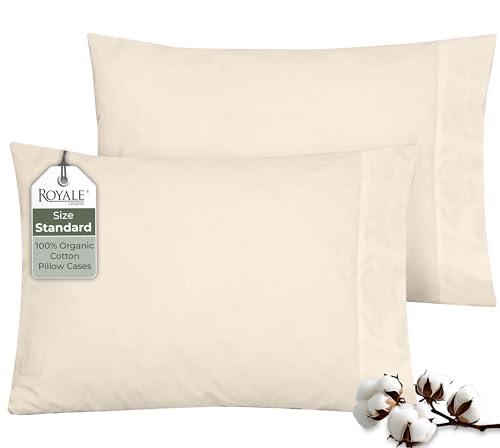 Image of ROYALE LINENS 100% Organic Cotton Percale Pillowcases Set of 2 - Standard Size Percale Pillowcase - Standard Set of 2 Pillow Cover - Breathable, Cool & Crisp Cream Pillow Cases (20 inchx26 inch, Cream)