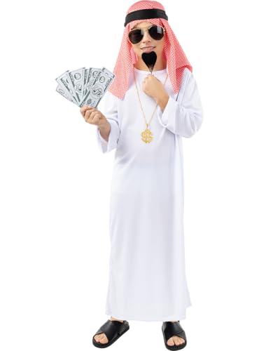 Funidelia | Disfraz de árabe para niño Jeque, Petróleo, Dinero - Disfraz para niños y divertidos accesorios para Fiestas, Carnaval y Halloween - Talla 10-12 años - Blanco