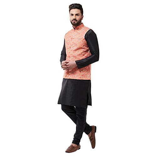 Image of SOJANYA (Since 1958 Men's Silk Blend Black Kurta Pyjama & Printed Nehrujacket Combo