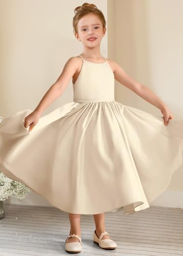 Girls Spaghetti Straps Flower Girl Wedding Party Maxi Dress with Bow Knot Formal Evening Pageant Satin A Line Dress4