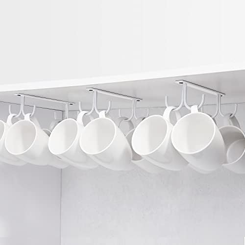 FOMANSH Mug Rack Under Cabinet - Coffee Cup Holder, 12 Mugs Hooks Under Shelf, Display Hanging Cups Drying Hook for Bar Kitchen Utensils White