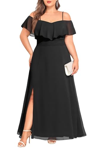 Women Plus Size Formal Dresses Black Off Shoulder Chiffon Bridesmaid Wedding Guest Side Slit Smocked Aline Long Dress
